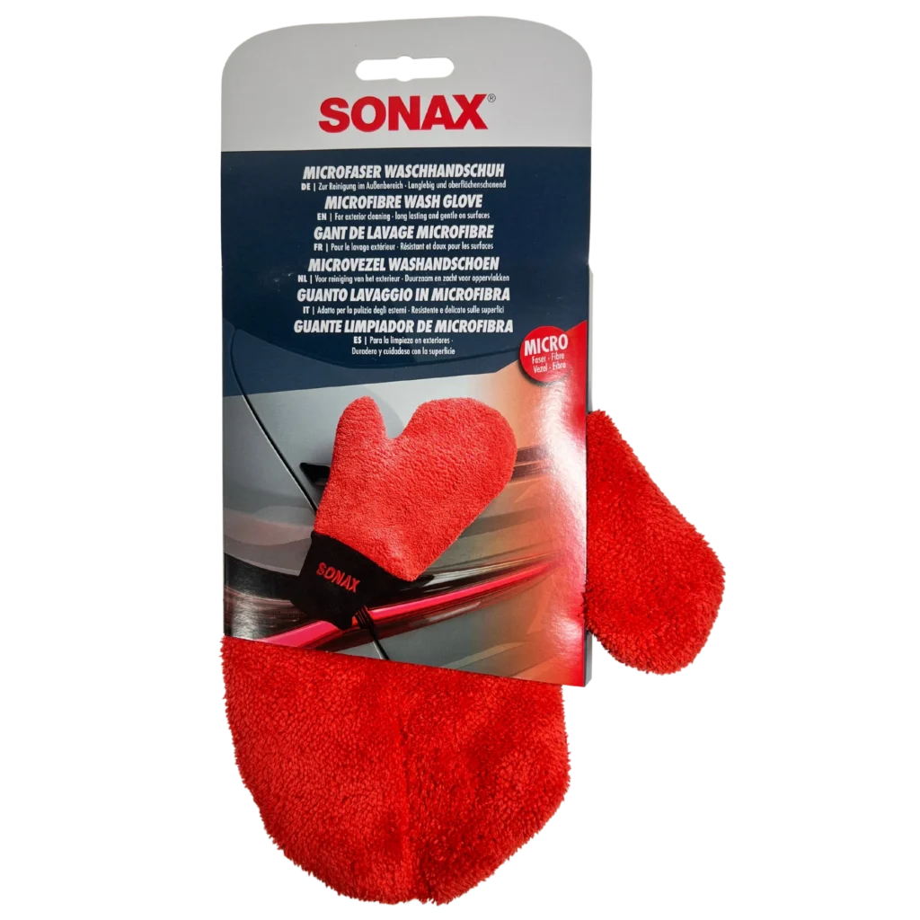 Vorderseite vom Sonax Microfaser-Waschhandschuh in rot